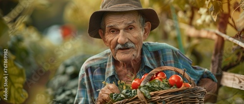 The senior gardener carries a basket of vegetables from the garden