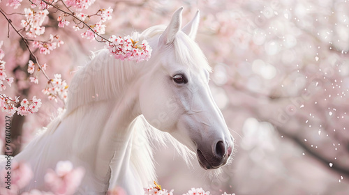 A portrait capturing the elegance of a white horse set against a backdrop of blooming sakura