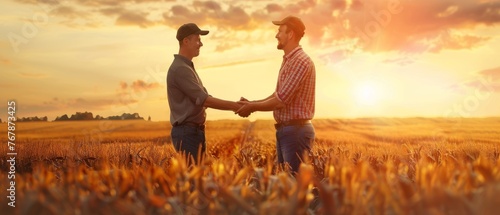 Two farmers shaking hands in a corn field, reaching an agreement. Happy and satisfied with the deal.