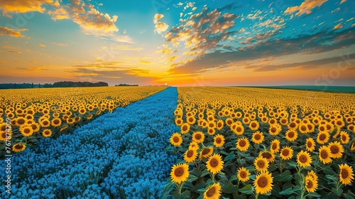 A field adorned with sunflowers and the Ukrainian flag planted proudly in the ground