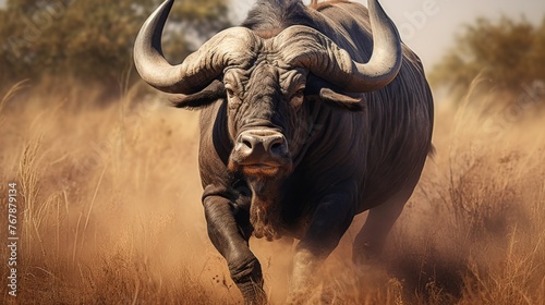 A large bull is running through a field of tall grass