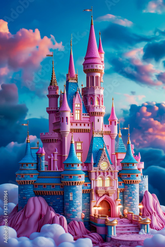 Pink castle with clock on it.