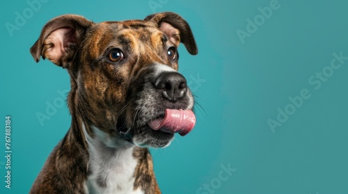 Mix breed brindle and white rescue dog licking on a teal aqua background in a studio headshot
