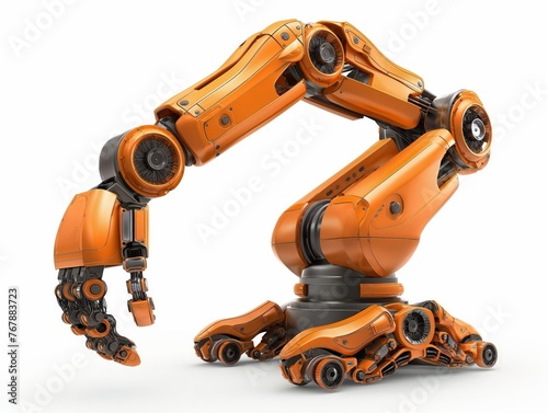 A highly detailed orange industrial robot arm demonstrating articulation and flexibility, isolated on a white background.