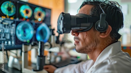 Optometrist conducting advanced eye exam using virtual reality tools in eye care facility, Optometrist's Innovative therapy treatments in vision enhancement technology