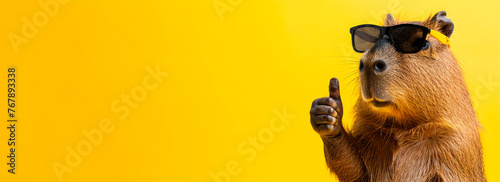 Portrait of a beautiful happy capybara in sunglasses holding two thumbs up as a sign of excellent work on an isolated yellow banner background.