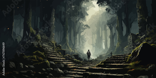 man climbing stone stairs in the mysterious forest, digital art style, illustration painting
