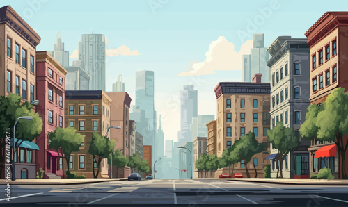 City street with set of buildings vector illustration -