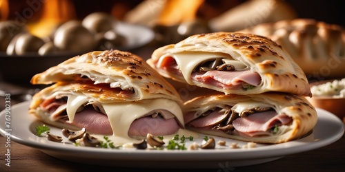 A Delicious Half-Moon Calzone. A close-up photo of a halved calzone revealing a savory filling of ham and mushrooms.