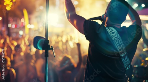 A dynamic shot of a singer belting out a summer anthem on stage at an outdoor music festival