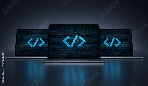 Laptop devices with Digital code icon on their screens on a dark background. Realistic rendering.