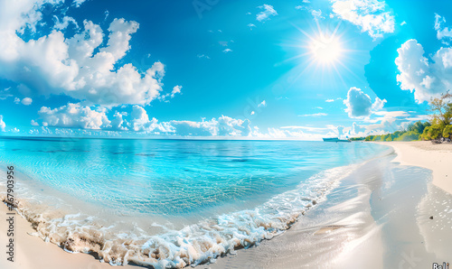 Beautiful beach with white sand and blue sky with sun in the Caribbean island, Generative AI