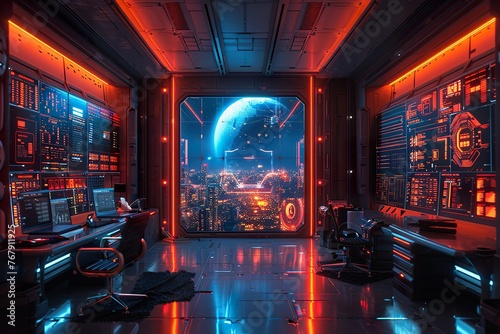 Futuristic stylish interior view of office with holographic screen, hi tech, mechanical technology concept.
