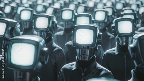 A multitude of identical figures with vintage television sets for heads, symbolizing conformity and uniformity in society.