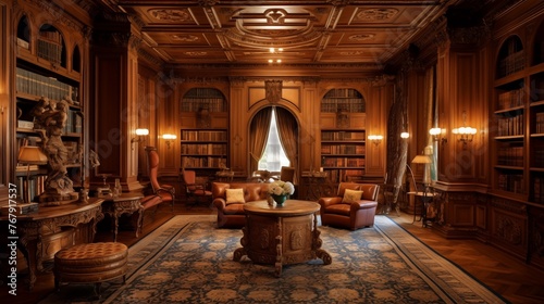 French Renaissance-inspired library of carved paneling, coffered ceilings, inlaid checkerboard floors, and reading inglenooks