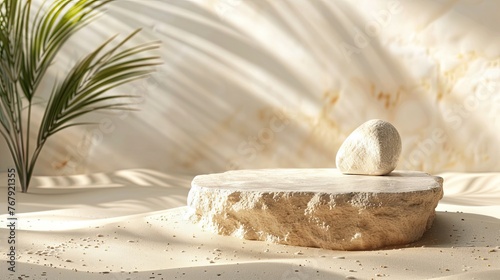 Creative Beach Showcase - Summer Product Podium - Sunny Scene with Sand, Sea, and Stone for Trendy Vacation Design 