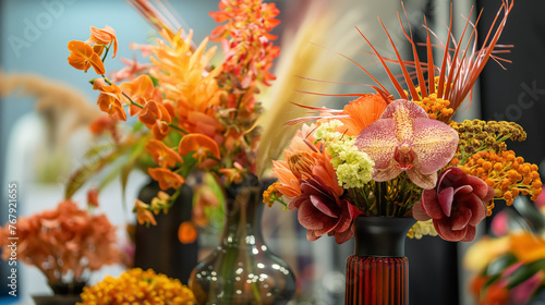 A stunning floral arrangement featuring a mix of vibrant orchids and other blooms, showcasing diverse textures and colors.