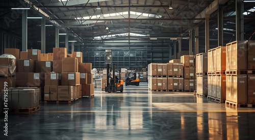A large warehouse filled with crates of goods carried by a forklift: Digital Transformation of Retail Warehouses