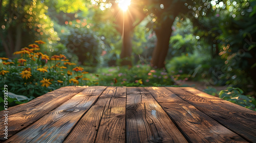 Wooden Tabletop Basks in Sunlit Garden's Abstract Beauty