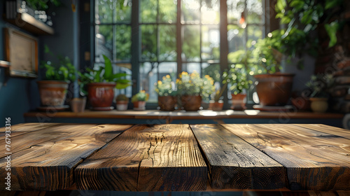 Wooden Tabletop Ready for Product Display in Bright Interior with Nature-filled Window View