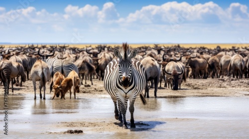 A herd of zebras and wildebeest are gathered around a watering hole
