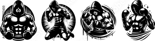 mysterious boxer with hood on head vector illustration silhouette laser cutting black and white shape