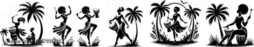 dancing women with afro hairstyles palms african drums music vector illustration silhouette laser cutting black and white shape