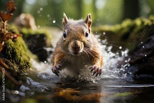 Squirrel jumping between stones in serene stream., generative IA