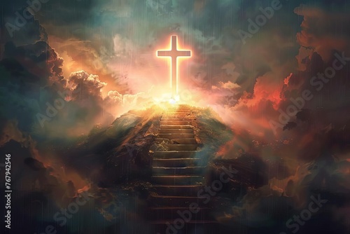 Stairway to heaven leading to glowing cross, spiritual journey to salvation and enlightenment, digital illustration