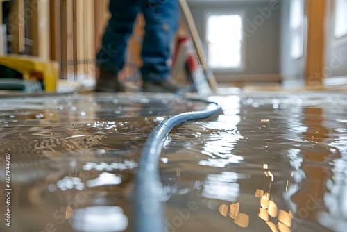 Mopping up flooded basement with deep water due to snowmelt or pipe burst selective focus on cable. Concept Water Damage Cleanup, Flooded Basement, Snowmelt Flooding, Pipe Burst