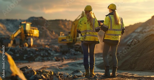 Scenic view of three engineers in yellow safety vests and white helmets standing on a construction site with a computer tablet