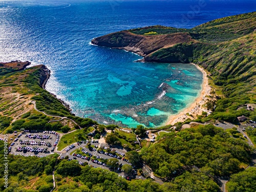 Aerial view of Hanauma Bay on the island of O'ahu in Hawaii