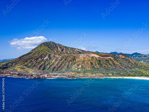 Aerial view of Koko Crater and the East Coast shoreline cliffs on the island of O'ahu in Hawaii