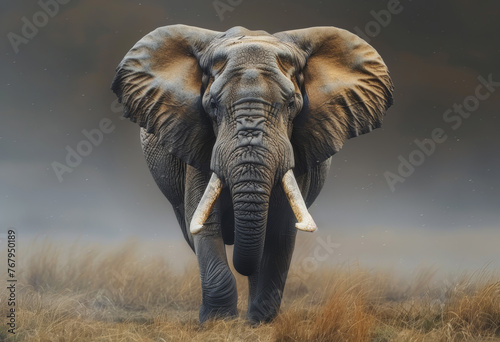 Elephant walking in the savannah with big ears and tusks