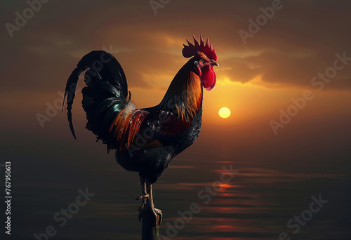 Rooster crowing on pole at sunset