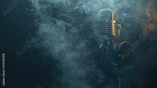 An ethereal podcast scene, a transparent ghost hosting, with vintage mic and headphones