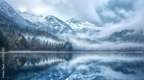 Lake panorama in a foggy morning with glaciers mountains and ref