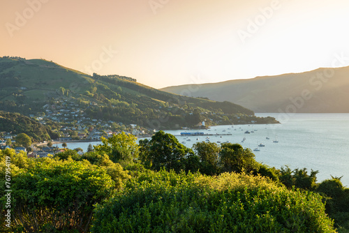 The picturesque town of Akaroa on the scenic Banks Peninsula, southeast of Christchurch, New Zealand.