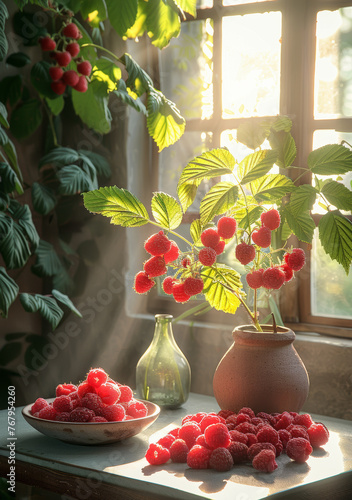 Red berries and vase with bouquet of wild rose hips on the table