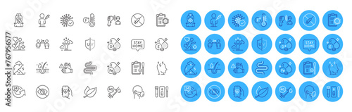 No vaccine, Health app and Cholecalciferol line icons pack. Dont touch, Stay home, Patient web icon. Intestine, Coronavirus report, Not looking pictogram. Nurse, People vaccination, Nasal test. Vector