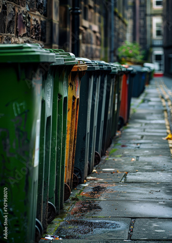Row of colourful wheelie bins on street