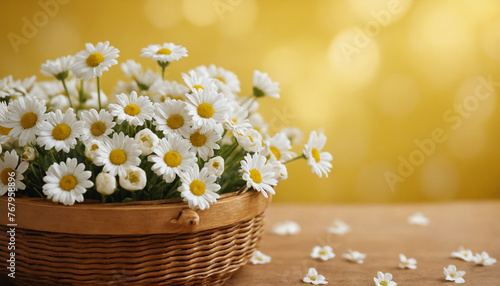 Closeup of wild spring flowers in wooden basket in front of simple background 