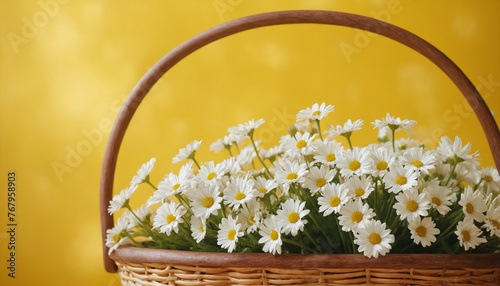 Closeup of wild spring flowers in wooden basket in front of simple background 