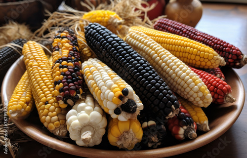 Variety of colorful Indian corn is displayed in bowl.