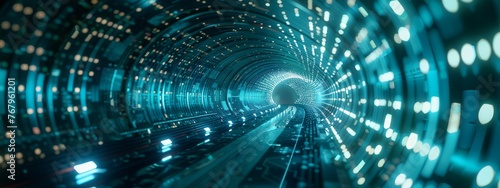A cyberspace journey through a tunnel of data, representing the path from cybersecurity investment to outcomes, with margins for textual content.