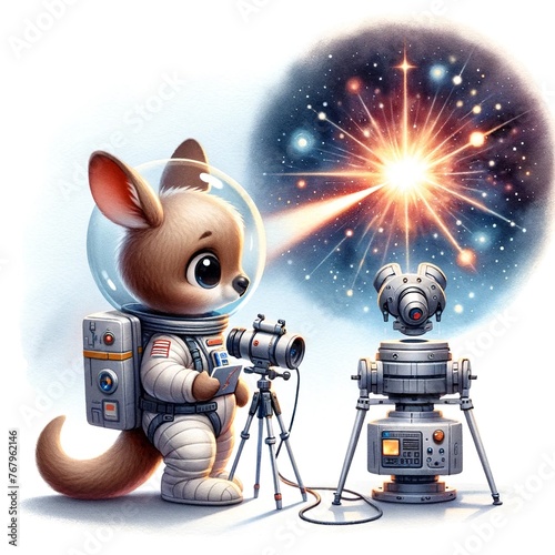 Kangaroo Astronaut Investigating a Gamma-Ray Burst - Highlighting the kangaroo astronaut's mission to study one of the universe's most energetic events