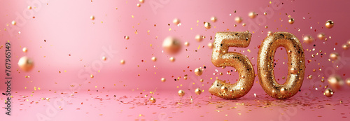 Number 50 gold numbers. Elegant Greeting celebration fifty years birthday. Anniversary number 50 foil gold balloon. Happy birthday, congratulations poster. Golden numbers with sparkling golden 