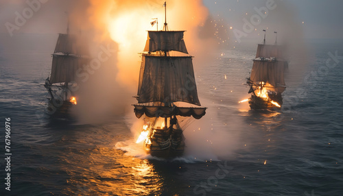 A pirate ship fires its cannons in a high-stakes battle at sea - clouds of smoke billowing as cannonballs splash into the water wide