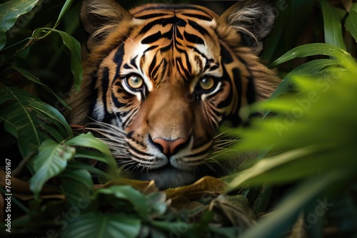 Sumatra tiger hunting in the exuberant tropical forest., generative IA