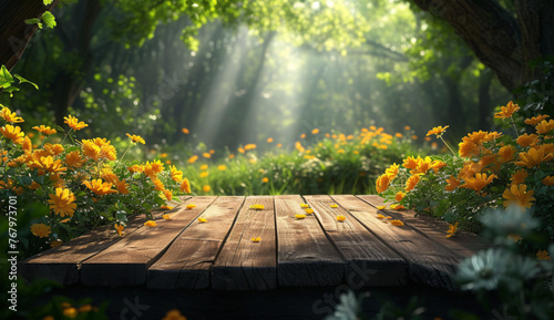 a wooden table with yellow flowers and sunlight shining through the trees
